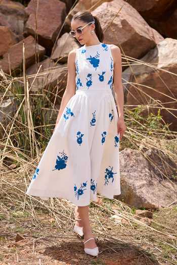 Kay Kay White Cotton High Neck Liliana Floral Embroidered Dress at Aza Fashions Kay Kay_White Cotton High Neck Liliana Floral Embroidered Dress _at_Aza_Fashions