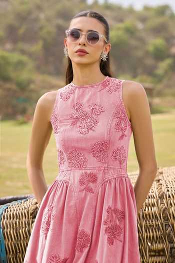 Kay Kay_Pink Denim High Neck Brielle Floral Pattern Dress _Online_at_Aza_Fashions