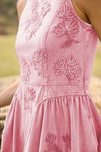 Buy_Kay Kay_Pink Denim High Neck Brielle Floral Pattern Dress _Online_at_Aza_Fashions
