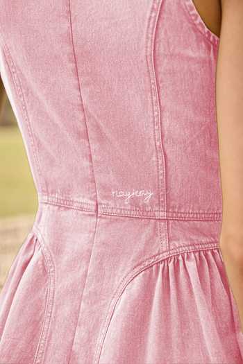 Shop_Kay Kay_Pink Denim High Neck Brielle Floral Pattern Dress _Online_at_Aza_Fashions