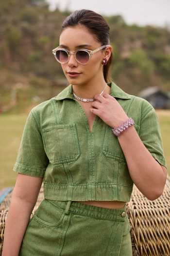 Kay Kay Green Denim V-, Collared Zayra Top And Skort Co-ord Set Online at Aza Fashions Kay Kay_Green Denim V-, Collared Zayra Top And Skort Co-ord Set _Online_at_Aza_Fashions