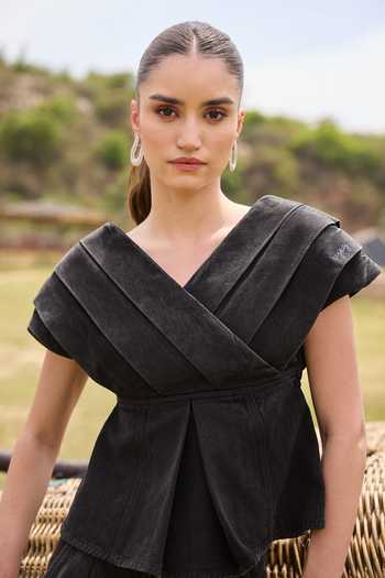 Kay Kay_Black Denim V-neck Elowise Pleated Top And Pant Set _Online_at_Aza_Fashions