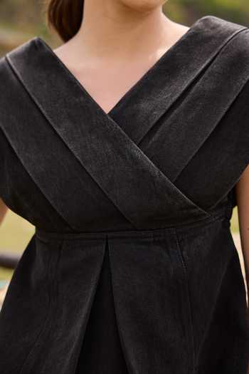 Buy_Kay Kay_Black Denim V-neck Elowise Pleated Top And Pant Set _Online_at_Aza_Fashions
