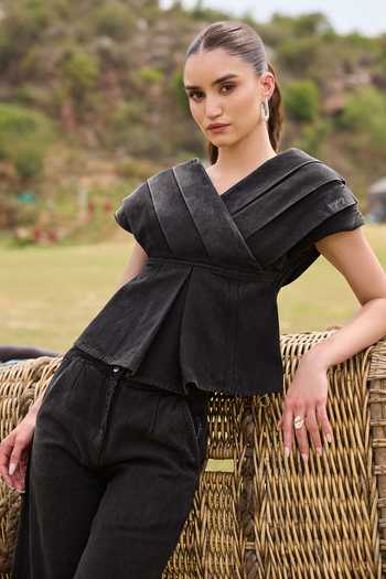 Kay Kay_Black Denim V-neck Elowise Pleated Top And Pant Set _at_Aza_Fashions