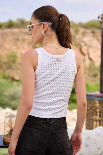 Buy_Kay Kay_White Denim Round Neck Marceline Studded Tank Top And Pant Set 