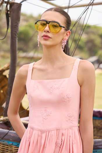 Kay Kay_Pink Denim Square Neck Bellina Floral Embroidered Dress _Online_at_Aza_Fashions
