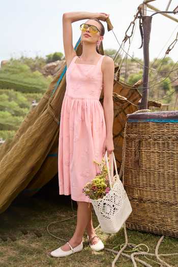 Buy_Kay Kay_Pink Denim Square Neck Bellina Floral Embroidered Dress 