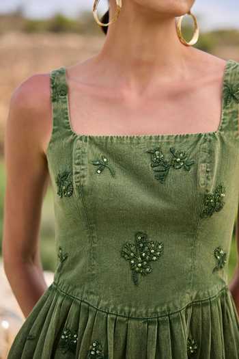 Kay Kay_Green Denim Square Neck Tahlia Floral Embroidered Dress _at_Aza_Fashions