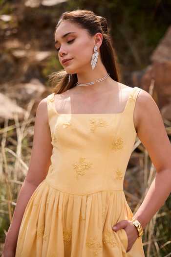 Kay Kay_Yellow Denim Square Neck Winona Floral Embroidered Dress _Online_at_Aza_Fashions