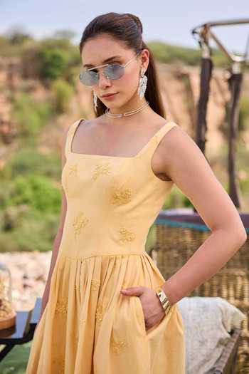 Buy_Kay Kay_Yellow Denim Square Neck Winona Floral Embroidered Dress _Online_at_Aza_Fashions