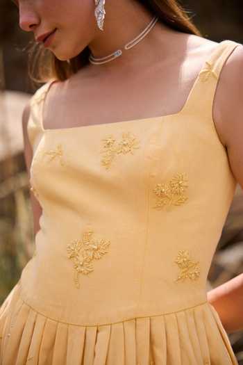 Kay Kay_Yellow Denim Square Neck Winona Floral Embroidered Dress _at_Aza_Fashions