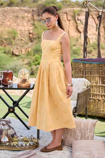 Buy_Kay Kay_Yellow Denim Square Neck Winona Floral Embroidered Dress 