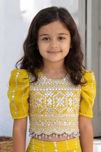 FAYON KIDS_Yellow Organza, Tissue Embroidered Top With Sharara _Online_at_Aza_Fashions