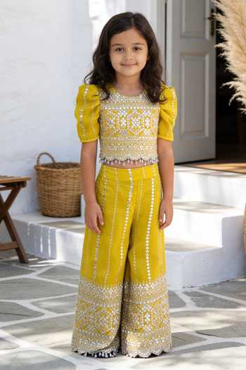 FAYON KIDS Yellow Embroidered Top With Sharara 
