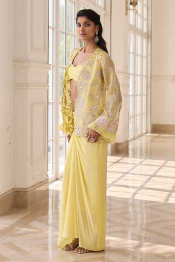 Shop_RINESSA_Yellow Organza, Crepe, Shantoon Open Neck, Embroidered Jacket Dhoti Skirt Set _Online_at_Aza_Fashions