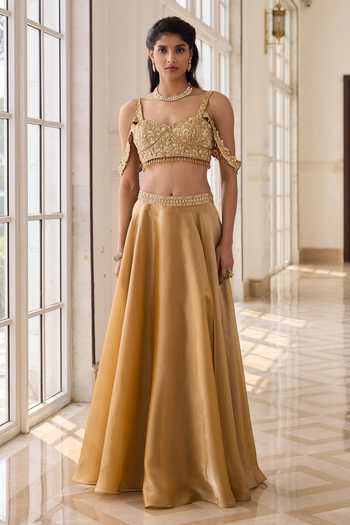 RINESSA_Gold Organza, Shantoon Sweetheart Neck Hand Embroidered Blouse Lehenga Set _Online_at_Aza_Fashions