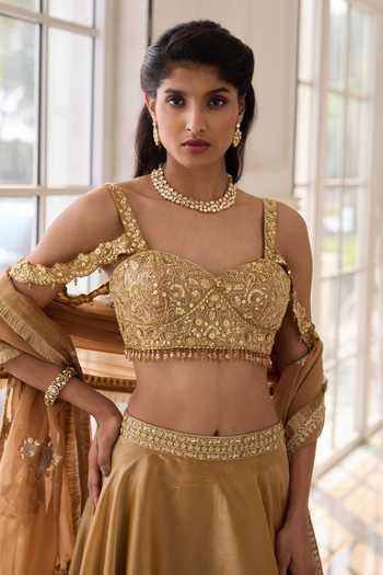 Shop_RINESSA_Gold Organza, Shantoon Sweetheart Neck Hand Embroidered Blouse Lehenga Set _Online_at_Aza_Fashions
