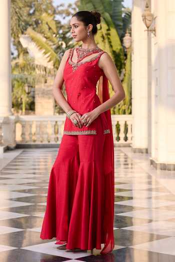 RINESSA_Red Shantoon, Dupion Scoop Neck Embellished Short Kurta And Sharara Set _at_Aza_Fashions