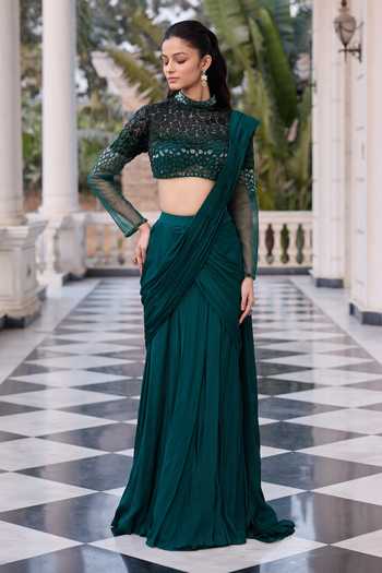 Shop_RINESSA_Emerald Green Net, Chiffon, Shantoon Embellished Blouse With Pre-draped Saree _Online_at_Aza_Fashions