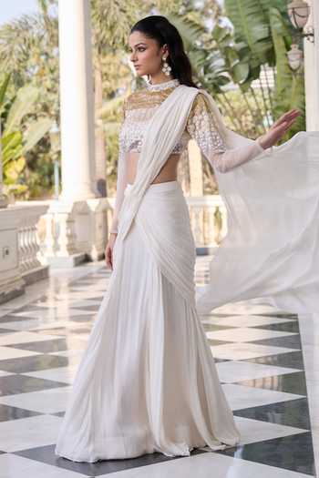 Shop_RINESSA_Ivory Net, Chiffon, Shantoon Mandarin Embellished Blouse With Draped Saree _Online_at_Aza_Fashions
