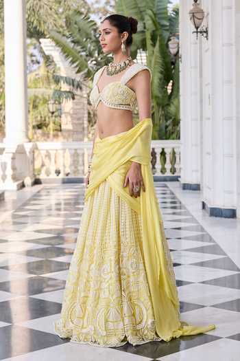 RINESSA_Yellow Georgette, Satin, Net, Shantoon Sweetheart Pearl Embroidered Lehenga Set _at_Aza_Fashions