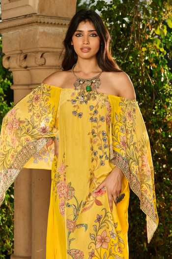 Shop_RINESSA_Yellow Crepe Off-shoulder Hand Embellished Printed Off Kaftan _Online_at_Aza_Fashions