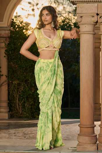 Buy RINESSA Green Silk, Georgette, Dupion, Pre-draped Tie Dye Saree With Embroidered Blouse at Aza Fashions Buy_RINESSA_Green Silk, Georgette, Dupion, Pre-draped Tie Dye Saree With Embroidered Blouse _at_Aza_Fashions