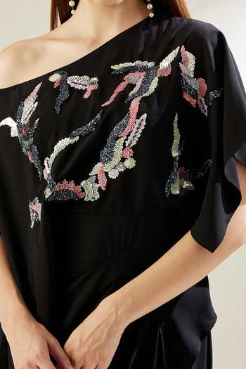 Aakaar Black Modal Sequins Star Cluster One Shoulder Draped Gown For Kids Online at Aza Fashions Aakaar_Black Modal Sequins Star Cluster One Shoulder Draped Gown For Kids_Online_at_Aza_Fashions