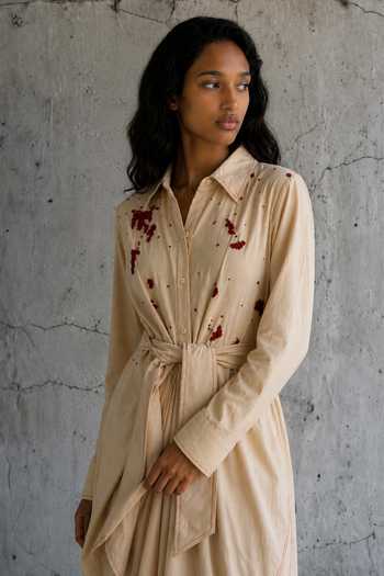 Vanshika Agarwal Label_Beige Chanderi, Taffeta Collared Neck Marina Scattered Embroidered Draped Dress _Online_at_Aza_Fashions