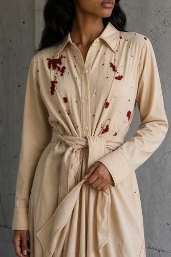 Buy_Vanshika Agarwal Label_Beige Chanderi, Taffeta Collared Neck Marina Scattered Embroidered Draped Dress _Online_at_Aza_Fashions