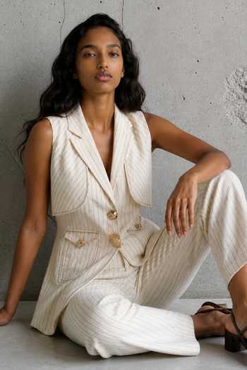 Vanshika Agarwal Label_Beige Cotton, Linen Tess Pinstripe Blazer And Trouser Set _Online_at_Aza_Fashions