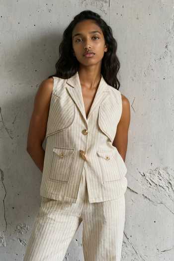 Buy_Vanshika Agarwal Label_Beige Cotton, Linen Tess Pinstripe Blazer And Trouser Set _Online_at_Aza_Fashions