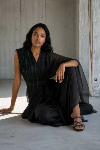 Vanshika Agarwal Label_Black Organza, Satin, Taffeta V-neck Paloma Embroidered Drape And Skirt Set _Online_at_Aza_Fashions