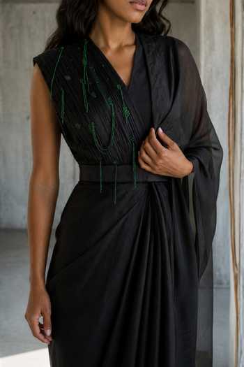 Buy_Vanshika Agarwal Label_Black Organza, Satin, Taffeta V-neck Paloma Embroidered Drape And Skirt Set _Online_at_Aza_Fashions