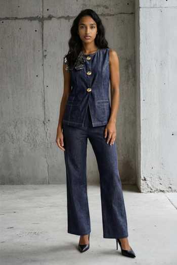 Vanshika Agarwal Label_Blue Denim Round Neck Jamie Hand Appliqued Jacket And Pant Set _Online_at_Aza_Fashions