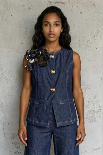 Buy_Vanshika Agarwal Label_Blue Denim Round Neck Jamie Hand Appliqued Jacket And Pant Set _Online_at_Aza_Fashions