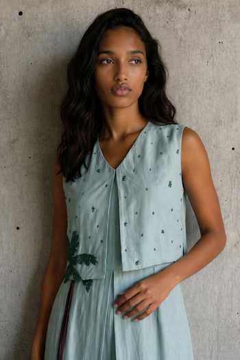 Vanshika Agarwal Label_Blue Cotton Satin V-neck Palm Embroidered Slit Kurta And Trouser Set _Online_at_Aza_Fashions