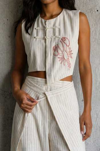 Vanshika Agarwal Label_Beige Cotton, Linen Round Neck Oster Embroidered Top And Draped Trouser Set _Online_at_Aza_Fashions