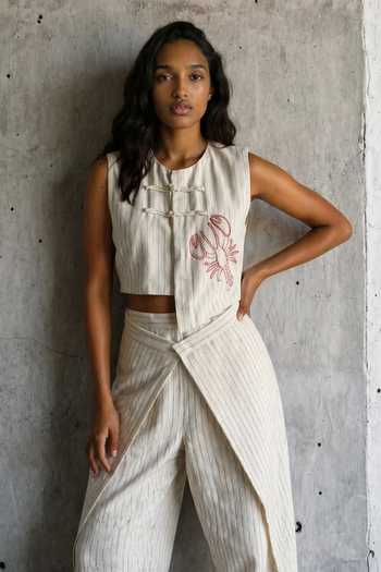 Buy_Vanshika Agarwal Label_Beige Cotton, Linen Round Neck Oster Embroidered Top And Draped Trouser Set _Online_at_Aza_Fashions