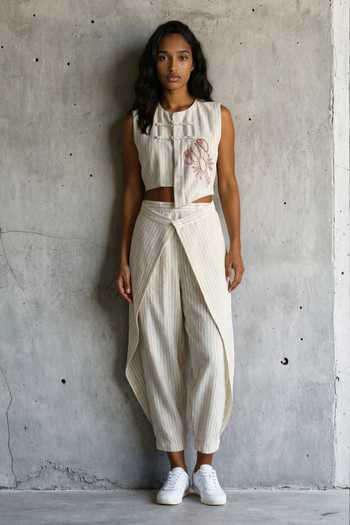 Vanshika Agarwal Label Oster Embroidered Top & Draped Trouser Set 