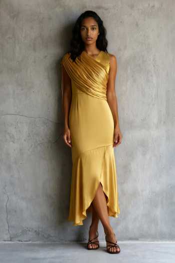 Vanshika Agarwal Label Adele Asymmetric Draped Satin Dress 