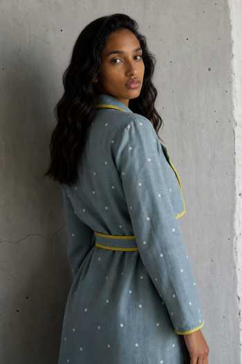 Vanshika Agarwal Label_Blue Silk V-neck Skylar Polka Embroidered Dress _Online_at_Aza_Fashions