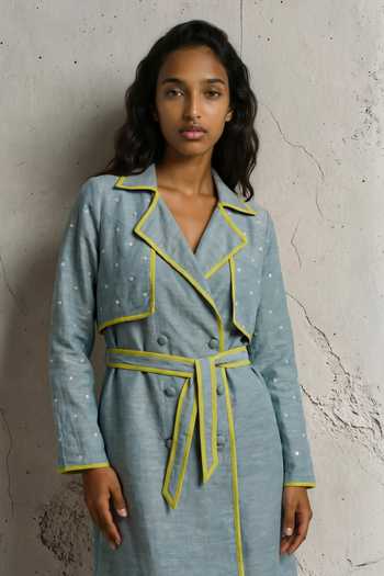 Buy_Vanshika Agarwal Label_Blue Silk V-neck Skylar Polka Embroidered Dress _Online_at_Aza_Fashions