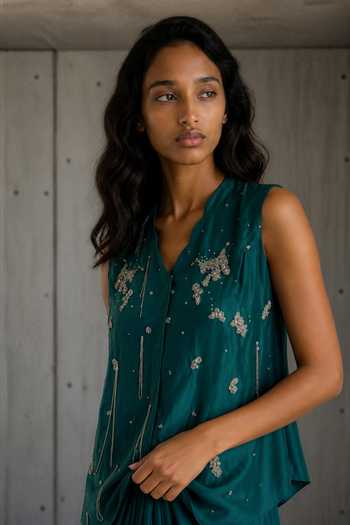 Vanshika Agarwal Label_Green Satin V-neck Margot Embroidered Top And Draped Skirt Set _Online_at_Aza_Fashions