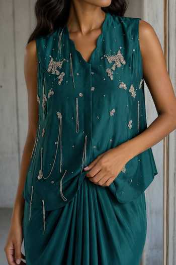 Buy_Vanshika Agarwal Label_Green Satin V-neck Margot Embroidered Top And Draped Skirt Set _Online_at_Aza_Fashions