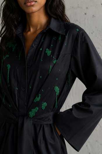 Vanshika Agarwal Label_Black Chanderi, Taffeta Collared Neck Ellisa Embroidered Draped Dress _Online_at_Aza_Fashions