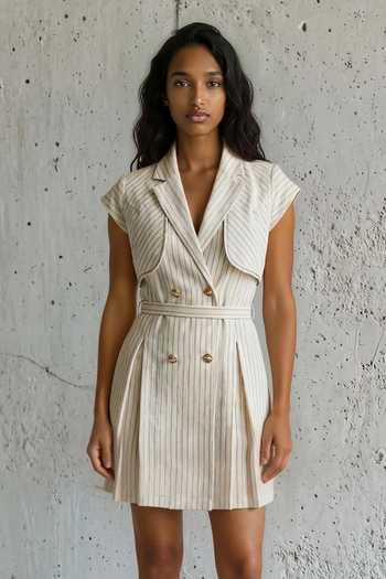 Buy Vanshika Agarwal Label Beige Cotton, Linen Collared Neck Quinn Pinstripe Blazer Dress Online at Aza Fashions Buy_Vanshika Agarwal Label_Beige Cotton, Linen Collared Neck Quinn Pinstripe Blazer Dress _Online_at_Aza_Fashions