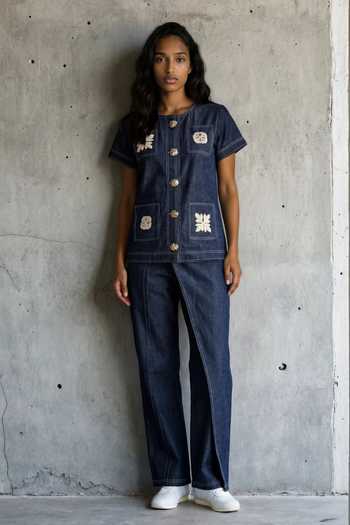 Vanshika Agarwal Label Hannah Embroidered Denim Shirt & Pant Set 