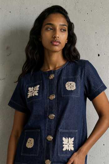 Vanshika Agarwal Label_Blue Denim Round Neck Hannah Embroidered Shirt And Pant Set _Online_at_Aza_Fashions