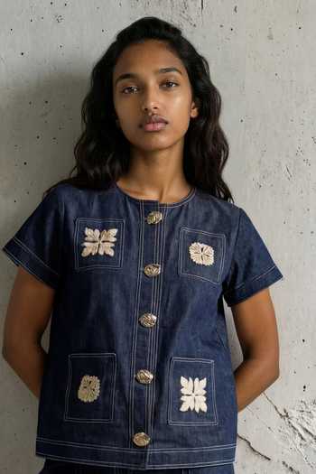 Shop_Vanshika Agarwal Label_Blue Denim Round Neck Hannah Embroidered Shirt And Pant Set _Online_at_Aza_Fashions